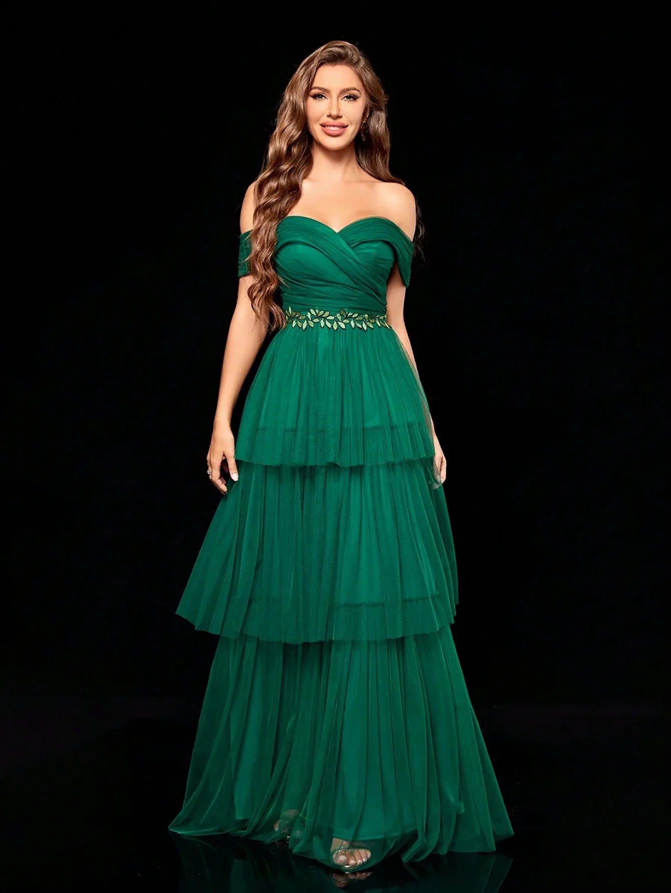 Line Collar Embroidered Long Gauze Evening Gown for Party