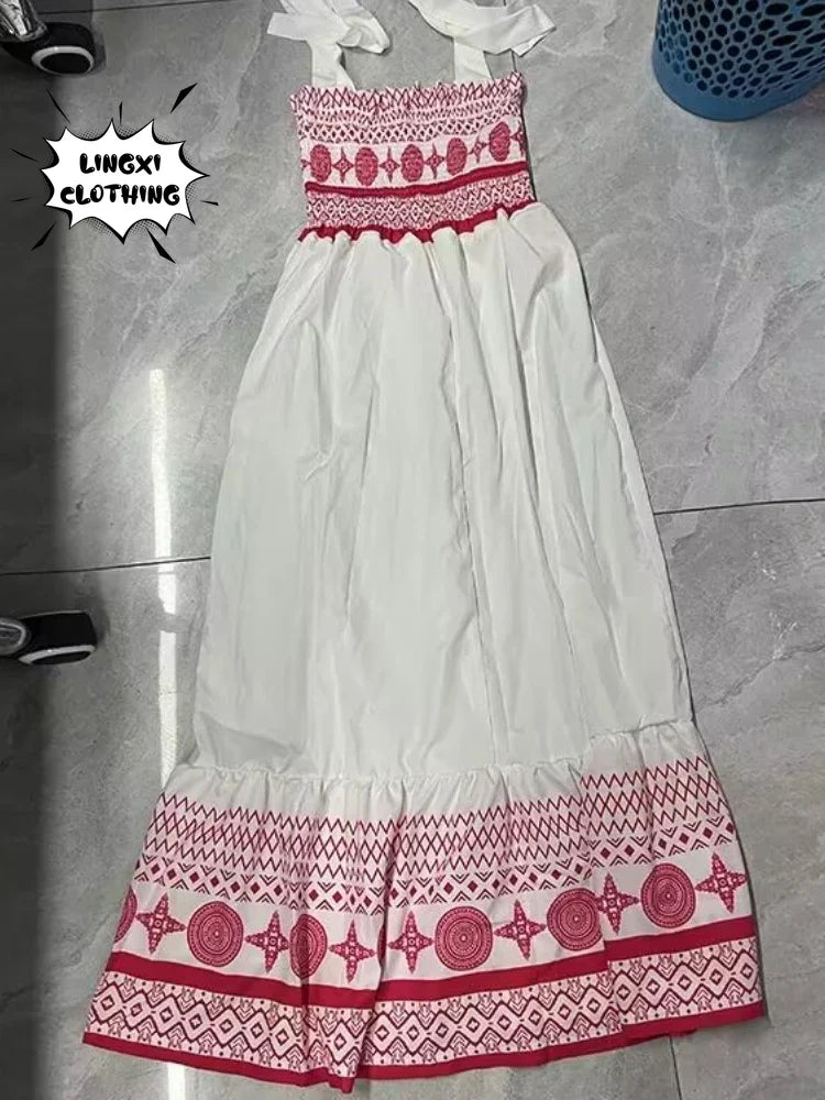 Bohemian Lace Up Maxi Dress Print for Beach Resort Wear