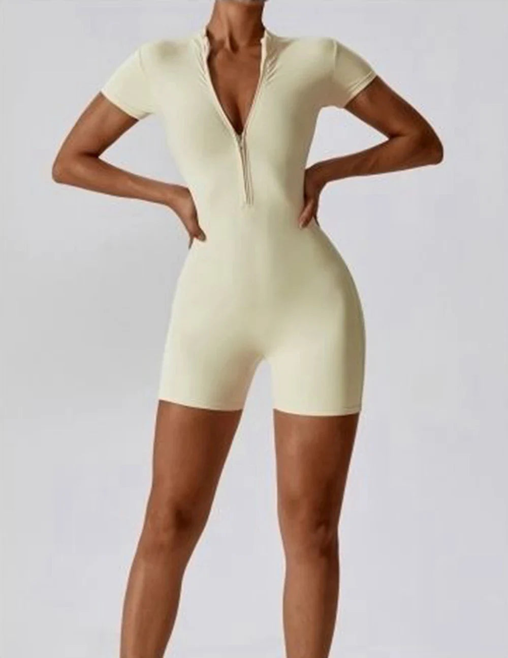 Womens Slim Fit Yoga Jumpsuit Short Sleeve Stretch One Piece Romper Zippered Fitness Playsuit in Solid Color