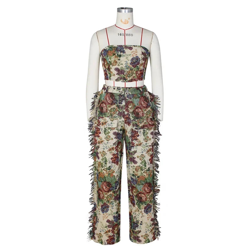 Floral Print Two Piece Set for Women with Strapless Crop Top and Side Tassel Wide Leg Pants for Y2K Birthday Parties