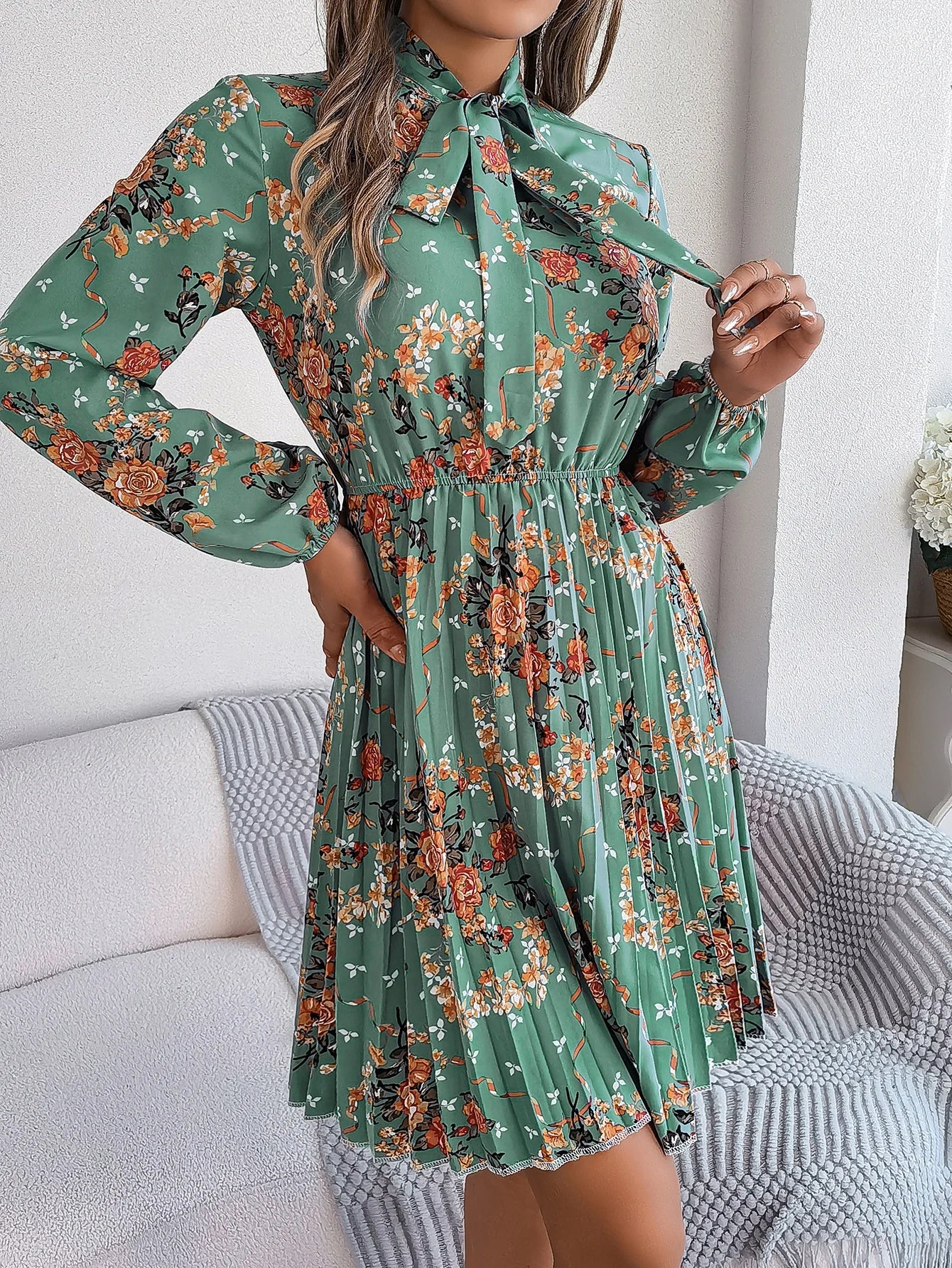Floral Print Lace Up Long Sleeve Pleated Dress With Bow