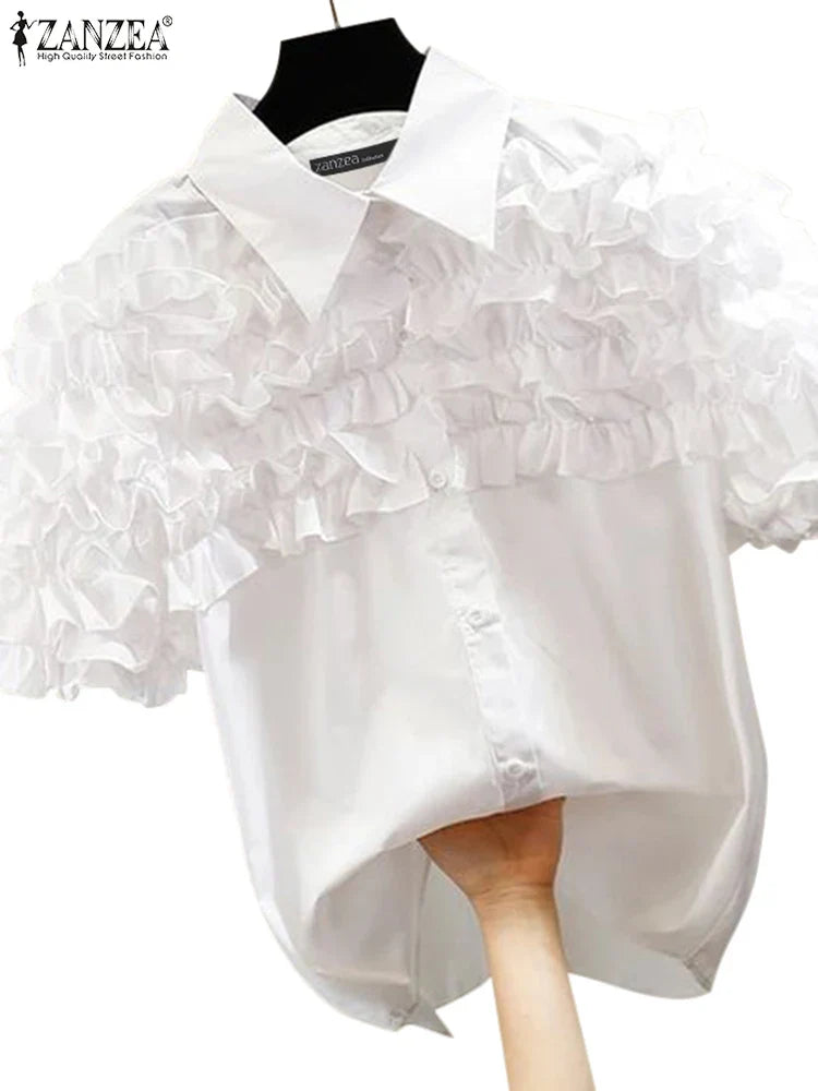 Women's Ruffle Trim Short Sleeve Blouse with Turn-Down Collar Casual Button-Up Solid Color Shirt