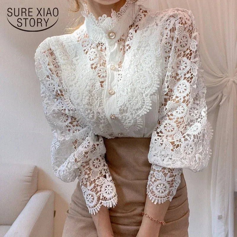 Women's Spring Summer Hollow Out Lace Blouse with Chic Button Detail Vintage Stand Collar Long Puff Sleeve Top