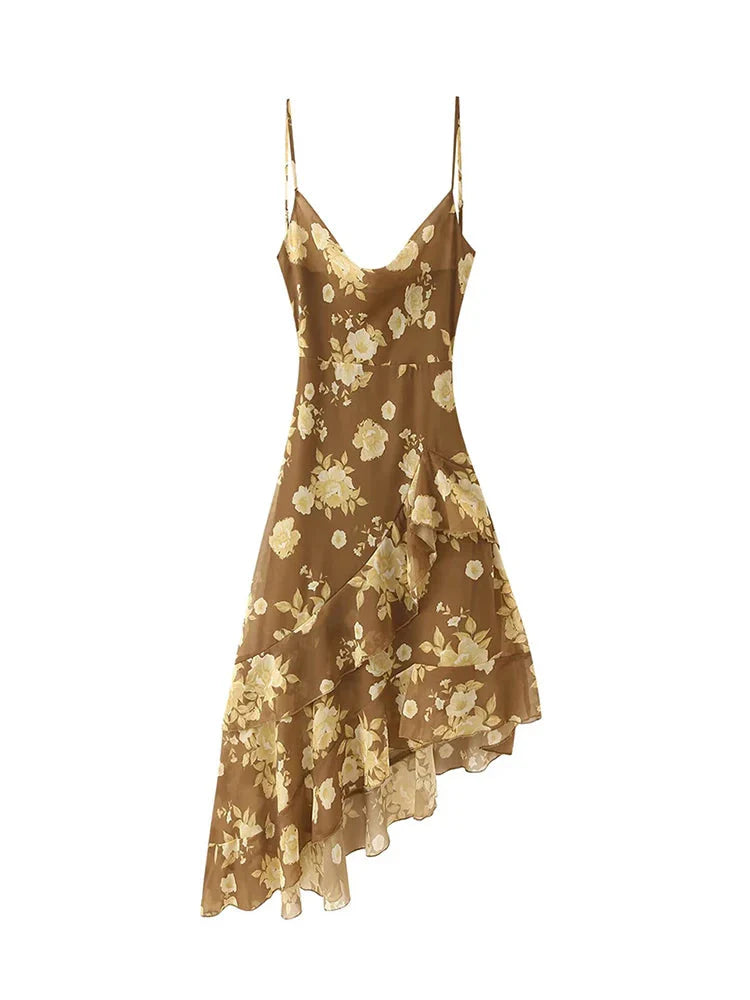 French Chic Halter Dress With Double Ruffles And V Neck