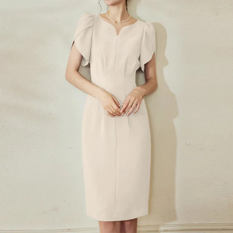 Solid Color Midi Dress With V Neck For Office Women