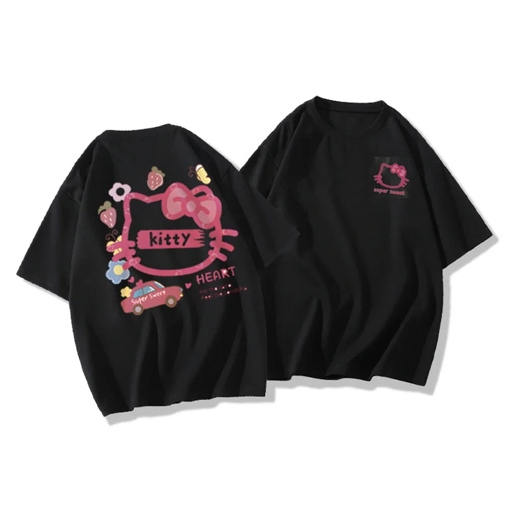 Japanese Cute Kitty Cat T-Shirt for Women O-Neck Short Sleeve Casual Top