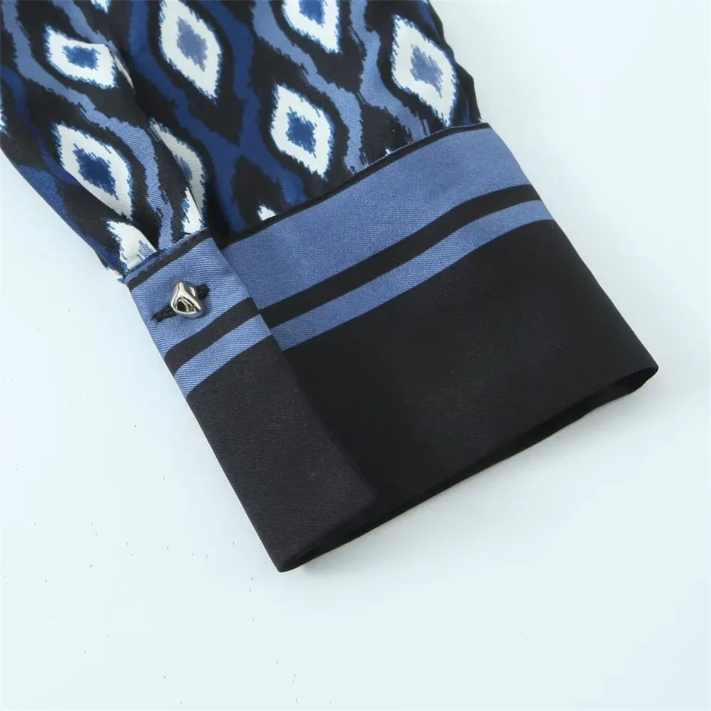 Women's Geometric Pattern Printed Shirt and Pants Set with Long Sleeve Top and Stylish Trousers