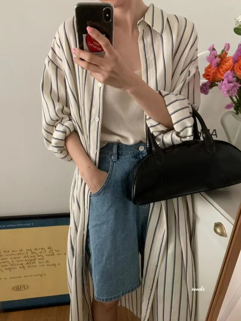 Striped Shirt Dress For Women Vintage Single Breasted