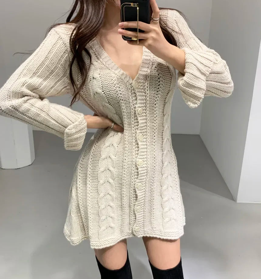 Cable Knit Sweater Dress For Women Long Sleeve Button Down