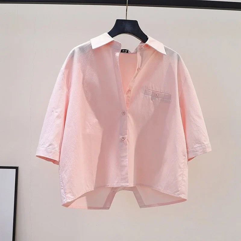 Chic White Back Split Blouse for Women Casual Short Sleeve Preppy Basic Office Shirt