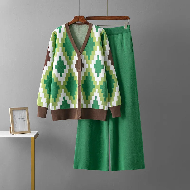Women Casual V-neck Argyle Knit Cardigan and High Waist Wide Leg Pants Set