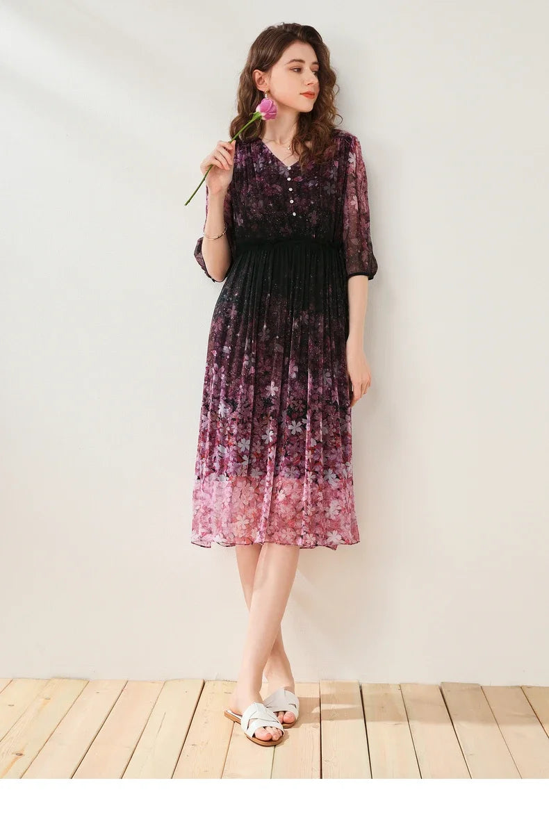 Purple Floral Chiffon Dress With V Neck And Lantern Sleeves