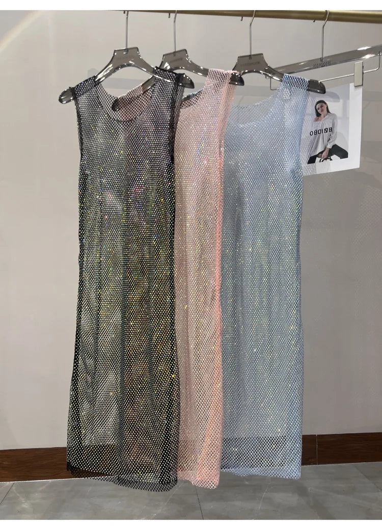 Rhinestone Mesh Midi Dress for Sexy Party and Clubwear