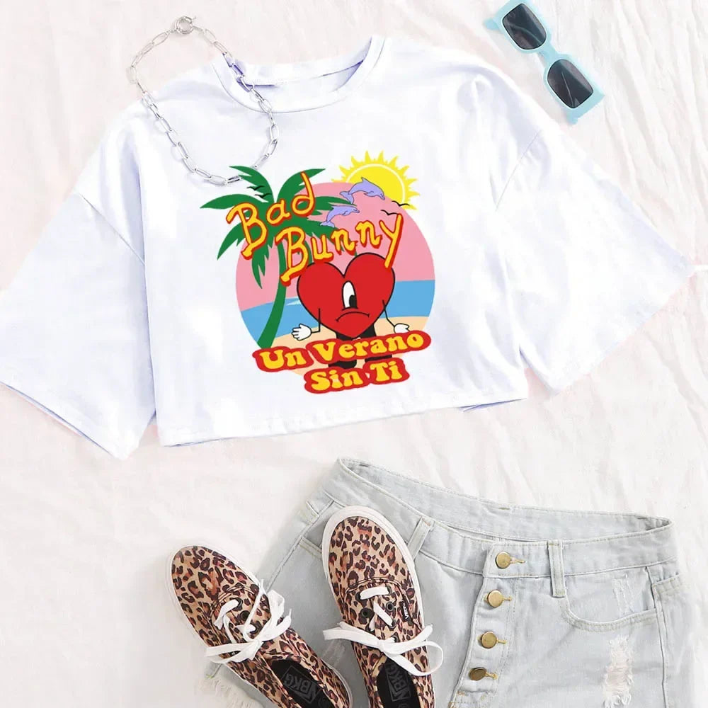 Bad Bunny Music Crop Top for Women with O-Neck and Short Sleeves Casual Loose Fit Shirt