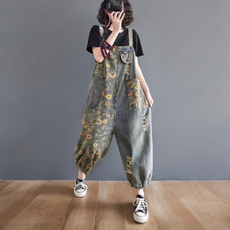 Casual Oversized Floral Print Denim Overalls for Women Loose Wide Leg Mom Jeans Romper Jumpsuit with Cargo Straps Baggy Pants