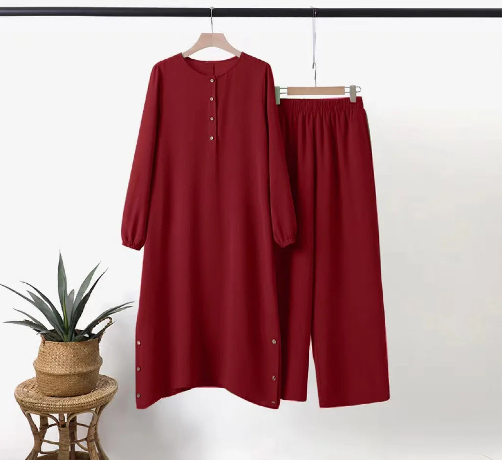Women's Elegant Two Piece Muslim Abaya Set with Irregular Long Shirt and Wide Leg Pants