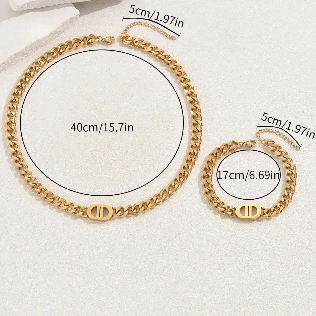 Gold Color Cuban Chain Necklace and Bracelet Set for Women with Geometric Charms