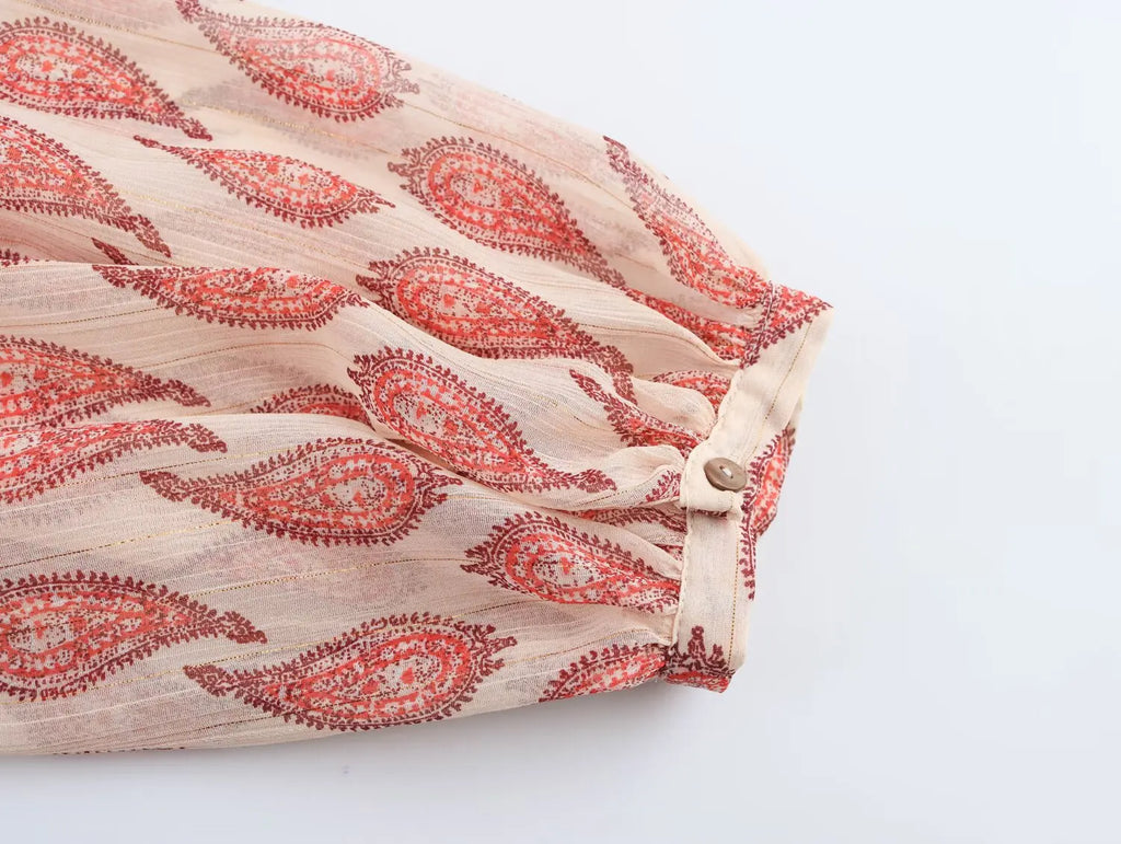 Womens Printed Shirt with Metallic Thread Ruffle Collar Drawstring Long Sleeve Single Breasted Chic Top