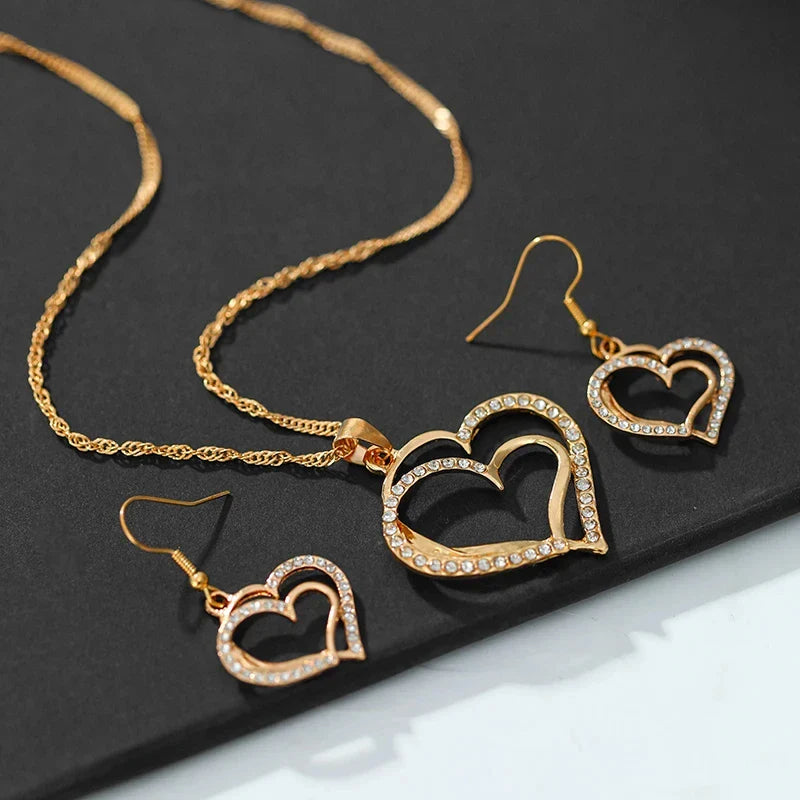 Heart Shaped Jewelry Set With Earrings Pendant Necklace for Women Exquisite Rhinestone Double Heart Design