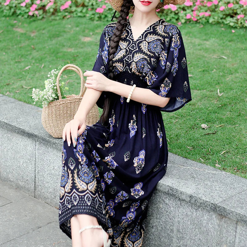 Bohemian Ethnic Print Midi Dress V Neck With Batwing Sleeves