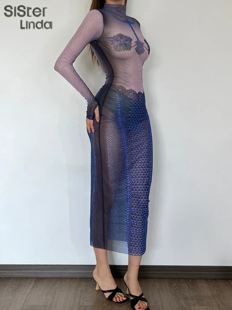 Girls Floral Print Midi Dress Long Sleeve High Collar