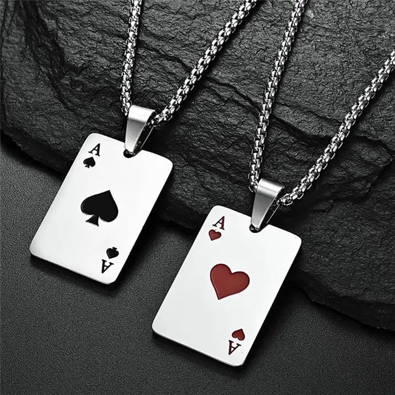 2 Piece Set Stainless Steel Poker Card Ace of Spades Necklace Unisex Pendant Chain Playing Cards Jewelry