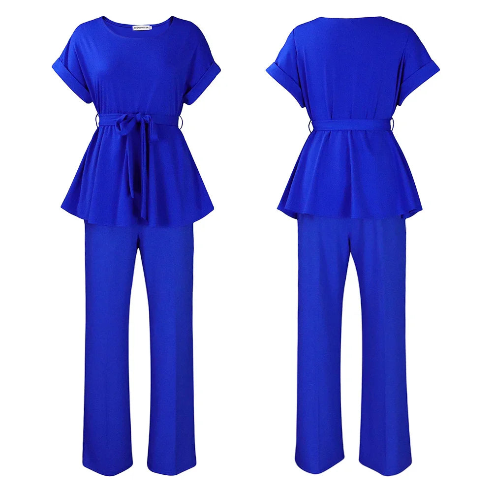 Women's Elegant 2 Piece Pants Set with Solid Blouse Short Sleeve O Neck and Long Trousers