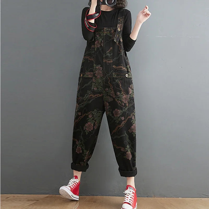 Vintage Floral Print Black Denim Women's Oversized Jumpsuit Loose Wide Leg Cargo Baggy Dungarees Streetwear Overalls Pants