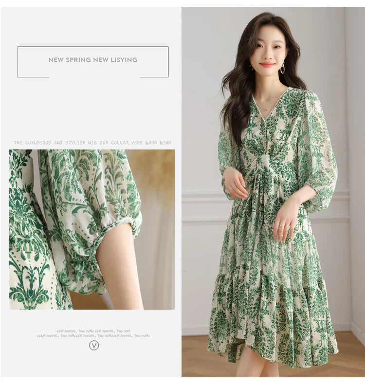 Floral Chiffon Dress For Women V Neck A Line Dress