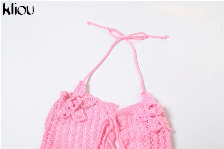 Knitted Floral Women Jumpsuit Sexy Pleated Halter Neck Bandage Low Back Skinny Overalls Trendy Solid Streetwear