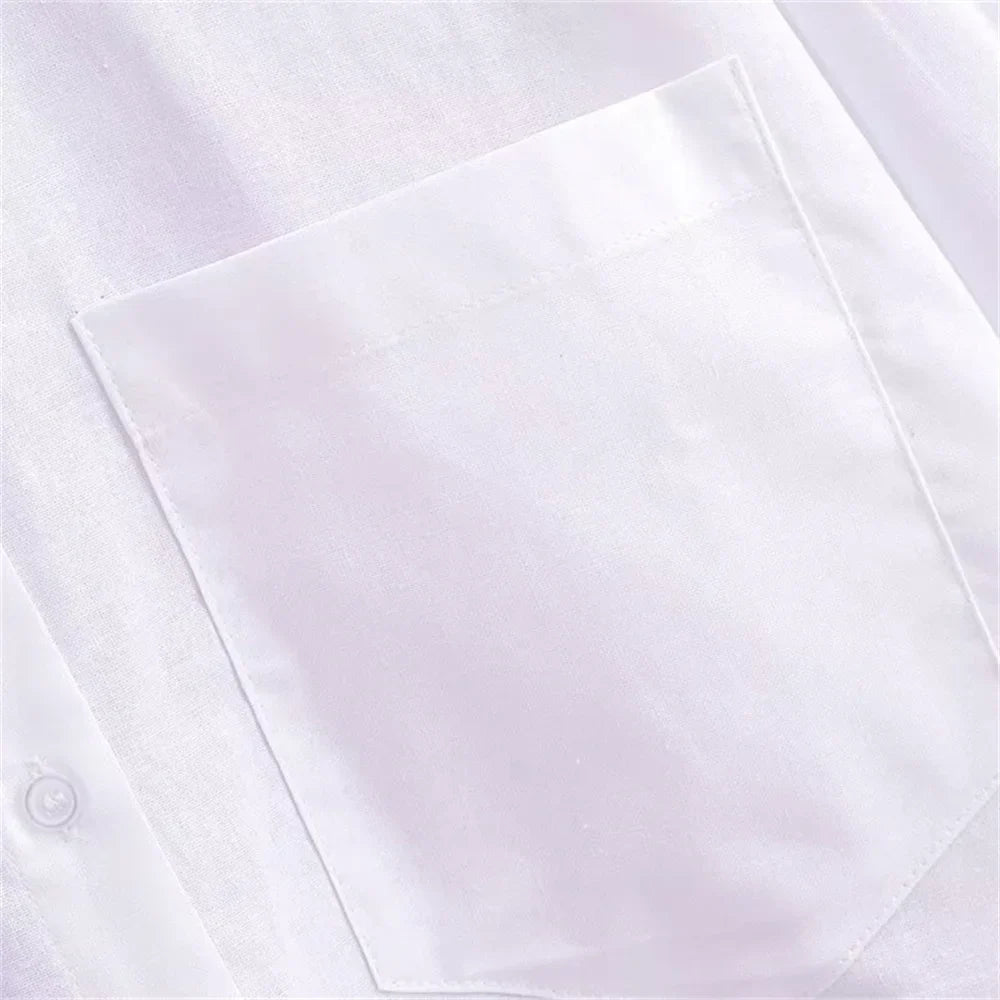 Women's White Pure Linen Long Sleeve Shirt with Pocket Detail Loose Fit Slimming Design