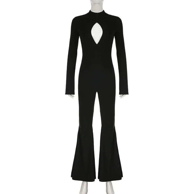 Slim Fit Hollow Out Long Sleeve Semi High Neck Jumpsuit with Elastic Waist Solid Color Women's Slim Pants Y2K Inspired Bottoms