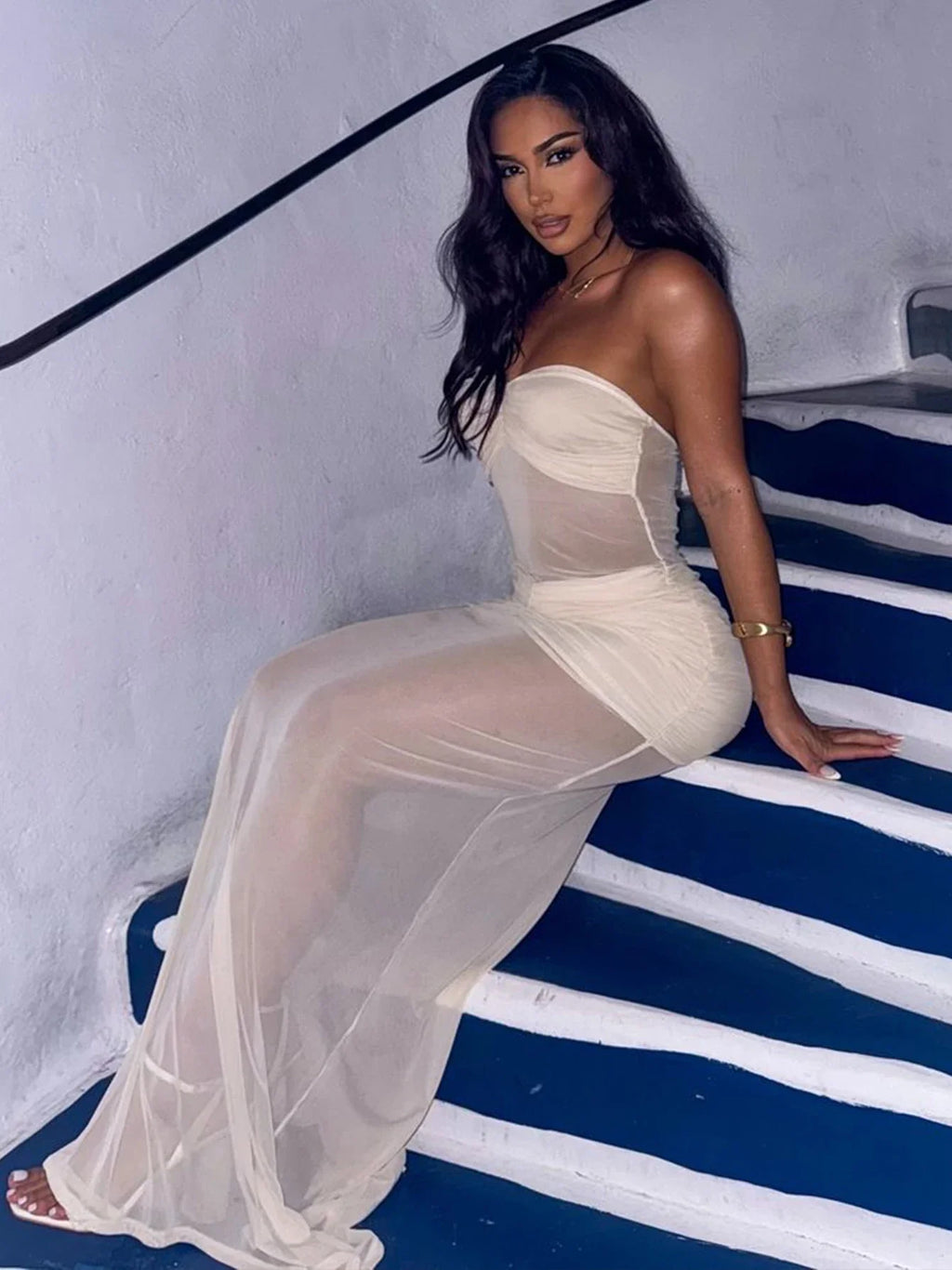 Backless Maxi Dress Sleeveless Bodycon Ruched Mesh Elegant