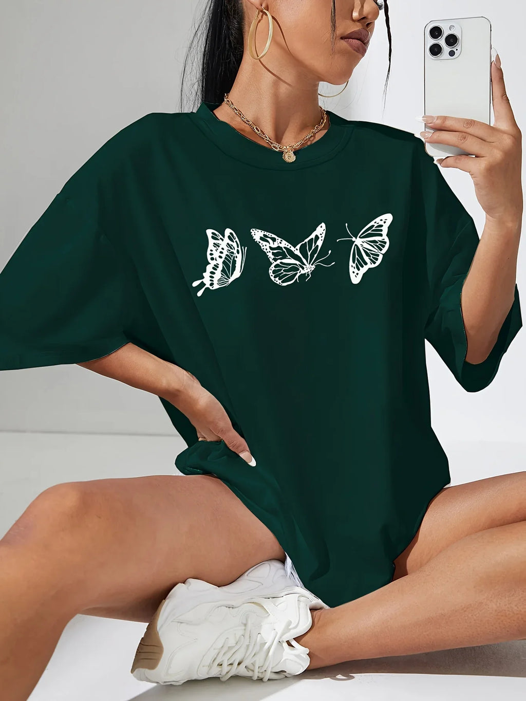 Butterfly Print Casual T-Shirt for Women, Short Sleeve Round Neck Soft Stretch Sports Tee