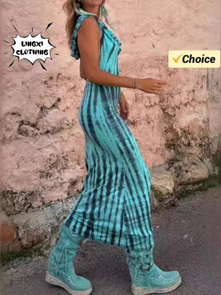 Open Back Maxi Dress Hooded Tie Dye Ethnic Style Chic