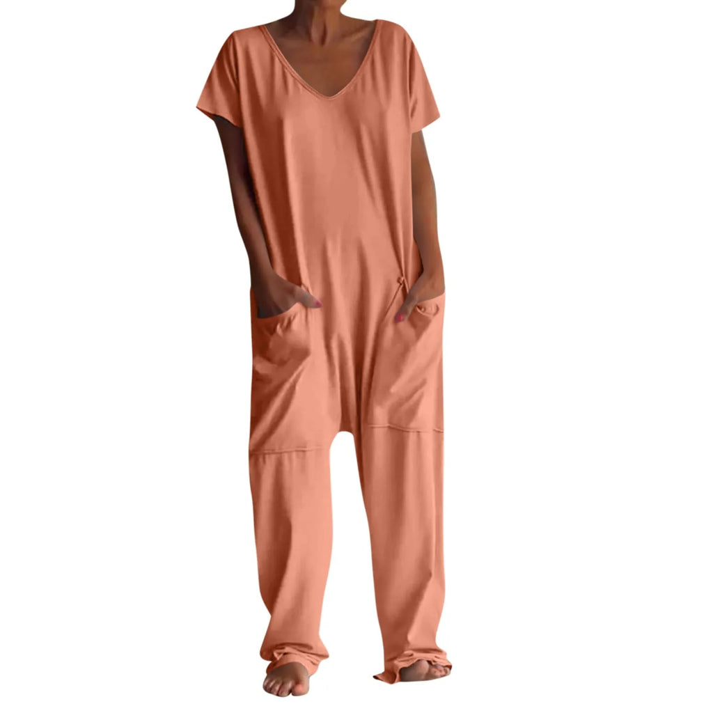 Women's Casual Short Sleeve Pullover Jumpsuit Loose Fit with Pockets Comfortable Lightweight Bodysuit Trendy Summer Romper