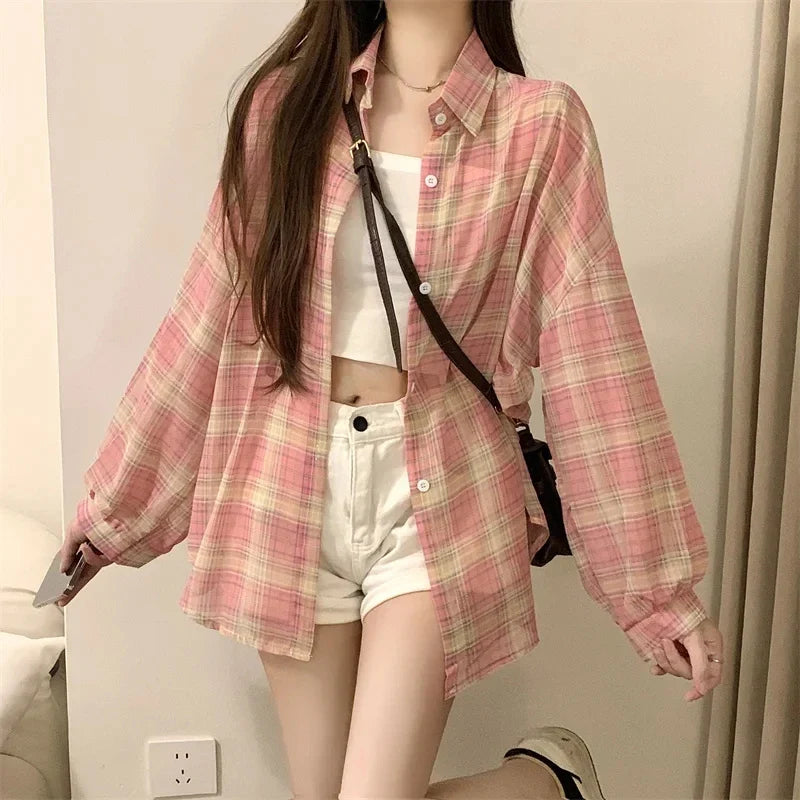 Breezy Oversized Plaid Shirt for Women Long Sleeve Collared Button-Down Blouse Casual Spring Summer Boyfriend Style Top
