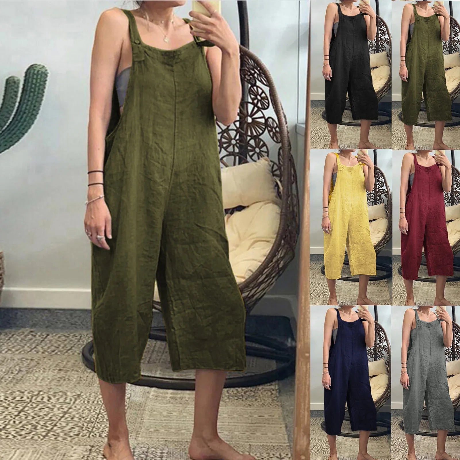 Solid Color Women Loose Cotton Linen Sleeveless Harem Jumpsuit Wide Leg Overalls Vintage Style Casual Romper Pants