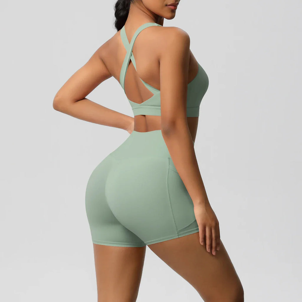 2PCS Pocketed Yoga Set for Women with Crossover Bra and Gym Leggings Workout Tracksuit Sports Shorts Activewear