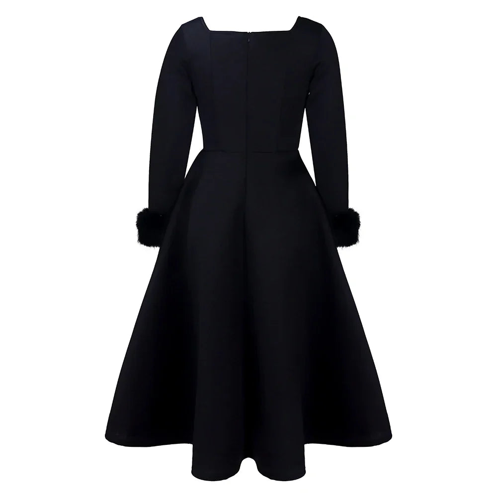 Square Neck Party Dress Women Pleated A Line Mid Calf