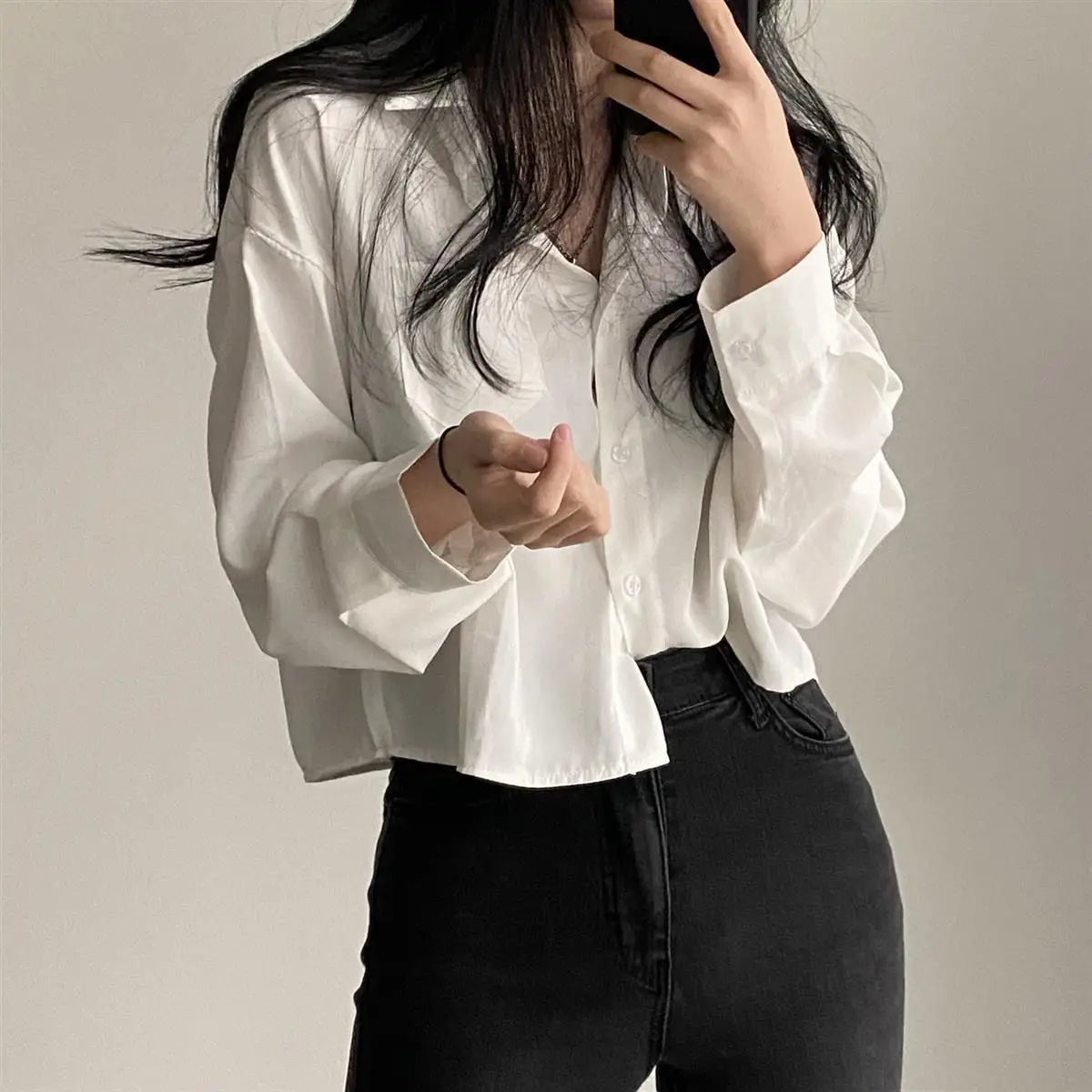 Simple Single Breasted Loose Long Sleeve Shirt Blouse Casual Elegant Solid Color Short Top