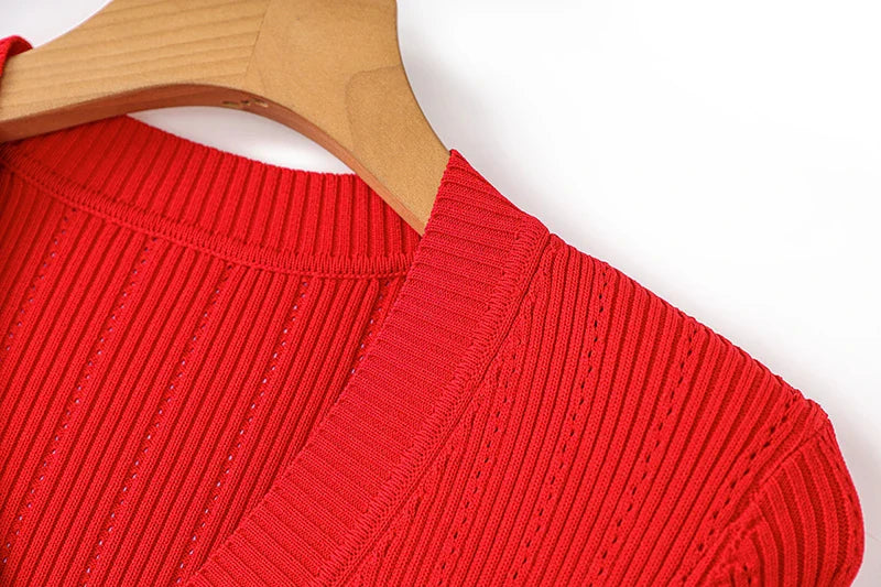 Knitted Long Sleeve V Neck Button Party Dress for Autumn