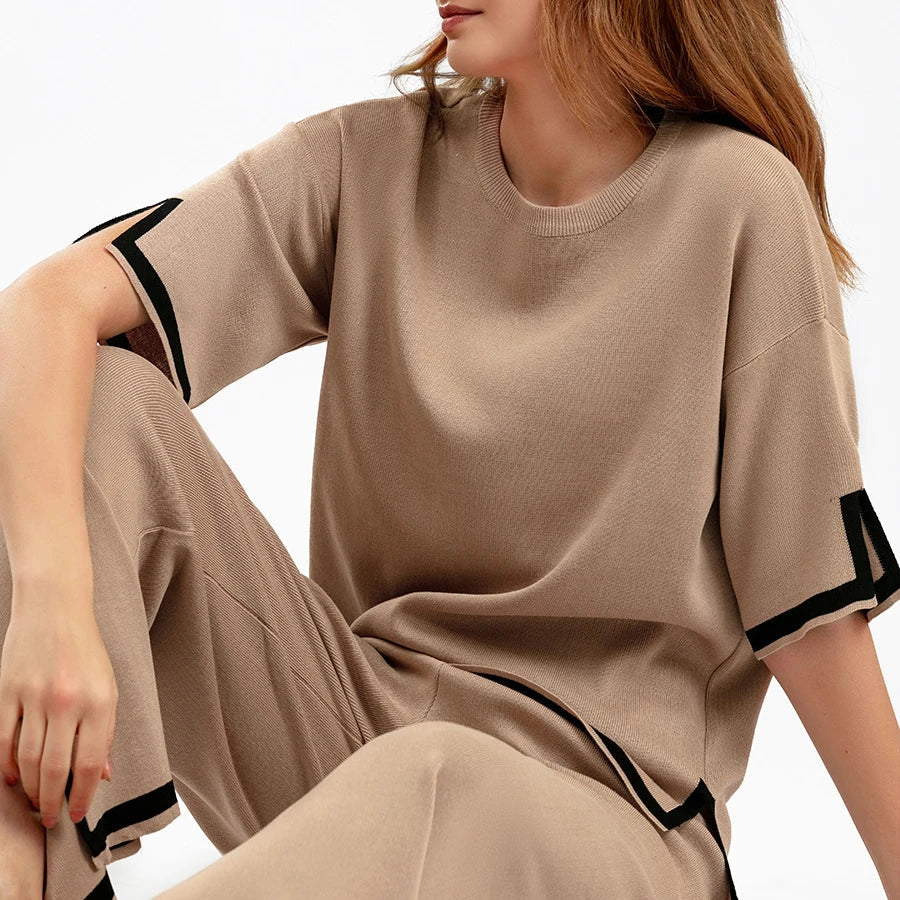 Casual Elegant Women's Two-Piece Autumn Winter Sportswear Set Featuring O-Neck Hoodie Short Sleeve Sweater and Wide Leg Long Pants