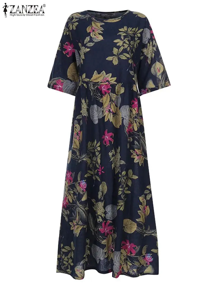 Boho Floral Sundress For Women With Three Quarter Sleeves