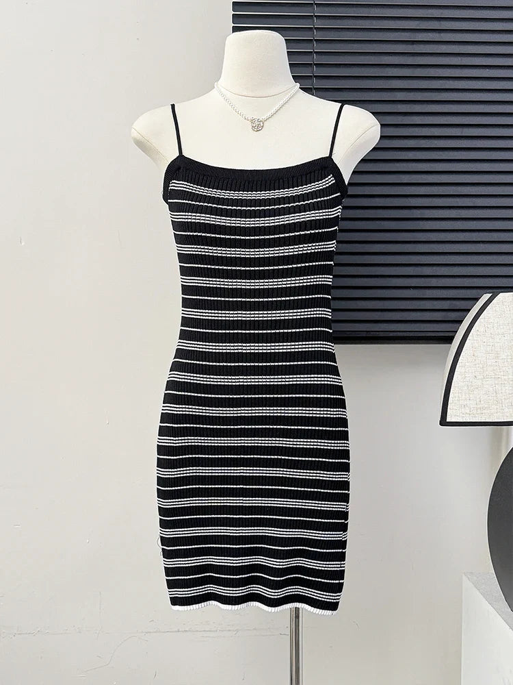Striped Rib Knit Cami Dress Bodycon Spaghetti Strap Women