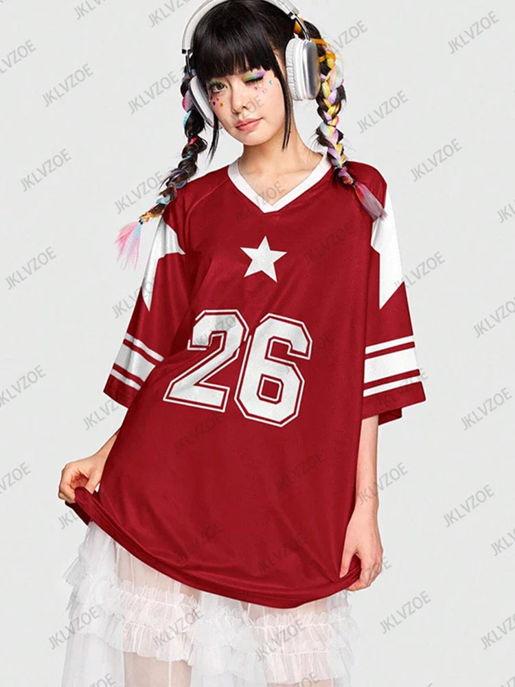 Oversized V-Neck T-Shirt For Women Casual Red Patchwork Short Sleeve Football Jersey Y2K Summer Tops