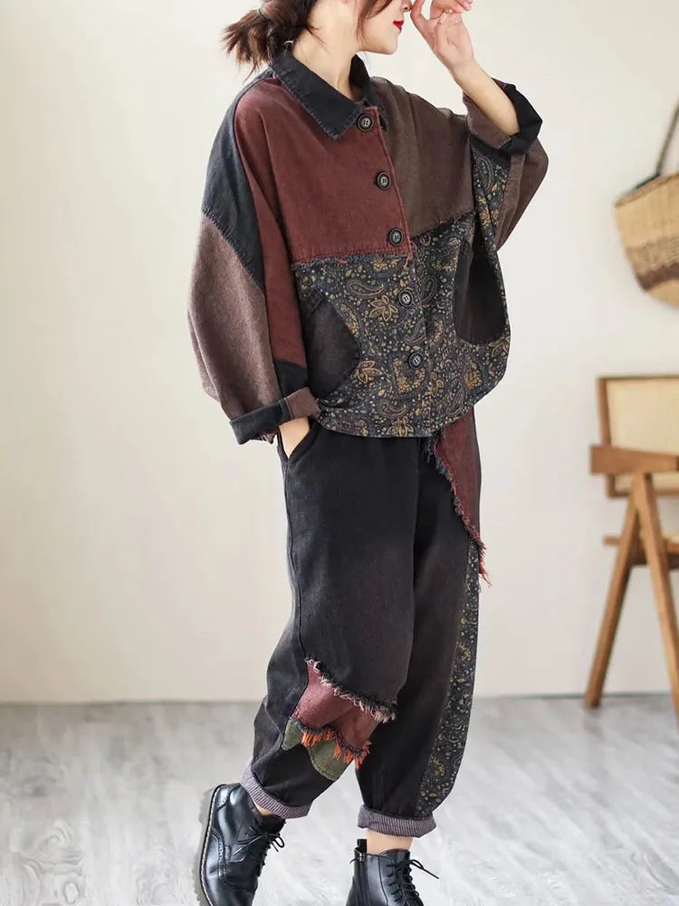 Womens Vintage Denim Two Piece Set with Printed Jacket and Casual Jeans