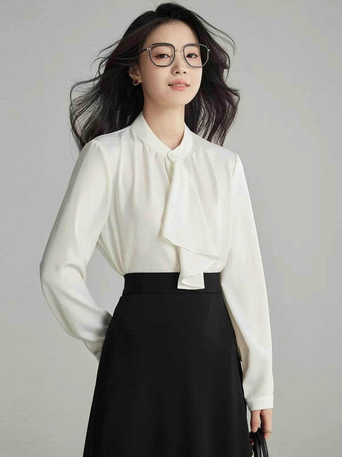 Elegant Scarf Collar Button Up Blouse for Women Long Sleeve Solid Color Temperament Top Spring Autumn Fashion Shirt