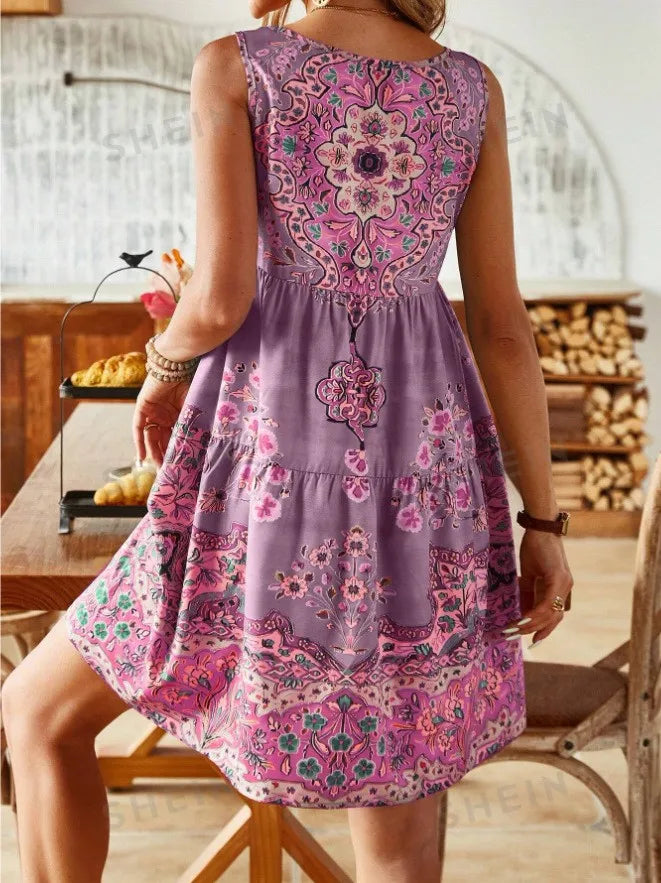 Summer Print Dress Sleeveless V Neck For Women Resort Wear