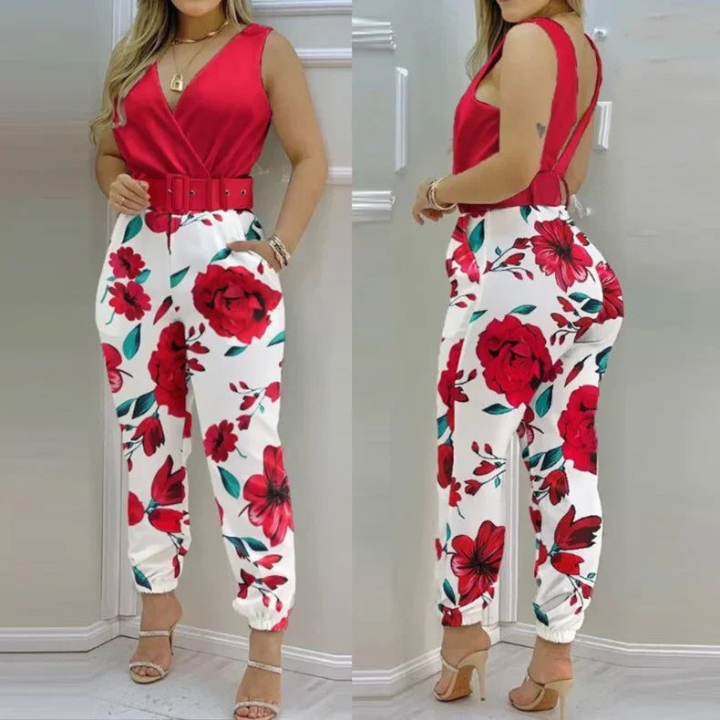 Summer V-Neck Backless Printed High Waist Jumpsuit for Women Sexy Bodysuit Overalls Streetwear Elegant Fit